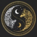 Yin-yang symbol golden white wolves crescent moons stars cosmic circular frame ornate gold patterns duality Royalty Free Stock Photo