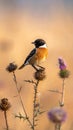 A stonechat in autumn among the thistles Royalty Free Stock Photo