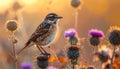 A stonechat in autumn among the thistles Royalty Free Stock Photo