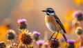 A stonechat in autumn among the thistles Royalty Free Stock Photo