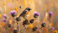 A stonechat in autumn among the thistles Royalty Free Stock Photo