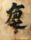 Chinese calligraphy brushwork with gold splatters and digital circuits on beige textured paper Royalty Free Stock Photo