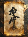 Chinese calligraphy scroll with glowing golden lines and digital circuitry on aged paper Royalty Free Stock Photo
