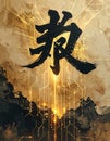Chinese Calligraphy Character with Golden Circuit Pattern on Dark Background Royalty Free Stock Photo
