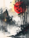 Bamboo forest with red sun and misty mountains Asian landscape watercolor art illustration Royalty Free Stock Photo