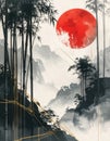 Asian landscape with bamboo forest red sun and misty mountains watercolor illustration Royalty Free Stock Photo