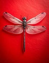 Red dragonfly with transparent wings and metallic body on vibrant red background Royalty Free Stock Photo
