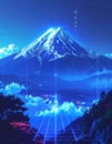 Futuristic Mount Fuji digital art with blue glow and Japanese characters Royalty Free Stock Photo