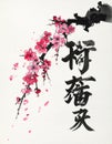 Traditional Chinese watercolor of pink plum blossoms with calligraphy on white paper Royalty Free Stock Photo
