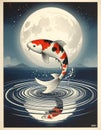 Koi Fish Leaping Moon Water Ripples Japanese Art Style Night Scene Royalty Free Stock Photo