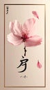 Pink Sakura Blossom with Asian Calligraphy - Traditional Minimalist Floral Illustration Royalty Free Stock Photo