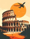 Colosseum in Rome with Airplane at Sunset, Italy Vintage Travel Illustration Royalty Free Stock Photo