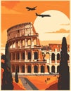 Colosseum in Rome with Airplane at Sunset, Italy Vintage Travel Illustration Royalty Free Stock Photo