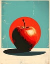 Red Apple with Glossy Highlights on Blue Background with Circle Vintage Distressed Style Royalty Free Stock Photo