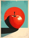 Red Apple with Green Leaves and Shadow on Turquoise Background Vintage Retro Poster Style Royalty Free Stock Photo