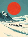Vintage Sled Dog Team Crossing Arctic Snowy Mountains with Red Sun Illustration Poster Royalty Free Stock Photo