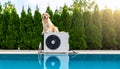Golden Retriever on Air Conditioner by Pool Royalty Free Stock Photo