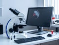 Microscope and Computer in Laboratory Setting Royalty Free Stock Photo