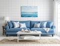 Cozy Beach Inspired Living Room with Blue Sofa Royalty Free Stock Photo
