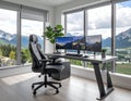Luxury Modern Home Office with Triple Monitors and Panoramic Mountain View for Remote Work Productivity Royalty Free Stock Photo