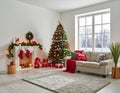 Elegant Christmas Living Room Decor Cozy Fireplace Ornate Tree Presents and Snowy Winter Scene Royalty Free Stock Photo