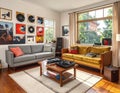 Vibrant Retro Living Room Interior Design with Vinyl Record Wall Art Turntables Mid Century Modern Sofas and Cozy Eclectic Decor Royalty Free Stock Photo