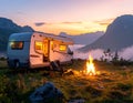 Beautiful camper van with campfire at sunset in mountain nature Royalty Free Stock Photo