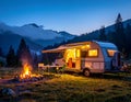 Beautiful camper van with campfire at sunset in mountain nature Royalty Free Stock Photo