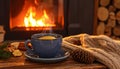Cup of hot drink near fireplace at home. Space for text Royalty Free Stock Photo
