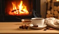 Cup of hot drink near fireplace at home. Space for text Royalty Free Stock Photo