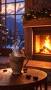 Cup of hot drink near fireplace at home. Space for text Royalty Free Stock Photo