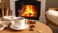 Cup of hot drink near fireplace at home. Space for text Royalty Free Stock Photo