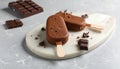 Delicious glazed ice cream bars and chocolate on light grey marble table Royalty Free Stock Photo