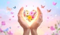 Hands holding green heart with flowers in sunlight symbol of love and nature Royalty Free Stock Photo