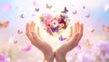Hands holding green heart with flowers in sunlight symbol of love and nature Royalty Free Stock Photo