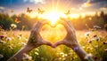 Hands holding green heart with flowers in sunlight symbol of love and nature Royalty Free Stock Photo