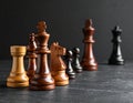 Different chess pieces on dark background. Space for text Royalty Free Stock Photo