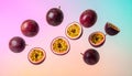 Fresh passion fruits spinning in the air against a color gradient background. Royalty Free Stock Photo