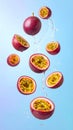Fresh passion fruits spinning in the air against a color gradient background. Royalty Free Stock Photo