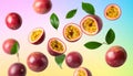 Fresh passion fruits spinning in the air against a color gradient background. Royalty Free Stock Photo