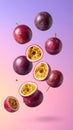 Fresh passion fruits spinning in the air against a color gradient background. Royalty Free Stock Photo