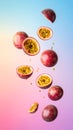 Fresh passion fruits spinning in the air against a color gradient background. Royalty Free Stock Photo