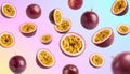 Fresh passion fruits spinning in the air against a color gradient background. Royalty Free Stock Photo