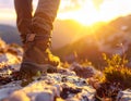 Hiking Boot on Rocky Terrain at Sunrise Royalty Free Stock Photo