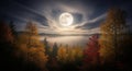 Full moon illuminates a forest with autumn foliage in shades of red, orange, and yellow. Royalty Free Stock Photo