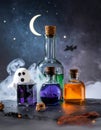 Happy halloween with witch magic potion bottle. Cute ghost and poison collection. Royalty Free Stock Photo