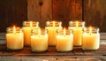 A collection of ritual candles glowing warmly in glass jars, placed on a rustic wooden surface Royalty Free Stock Photo