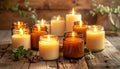 A collection of ritual candles glowing warmly in glass jars, placed on a rustic wooden surface Royalty Free Stock Photo