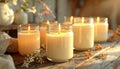 A collection of ritual candles glowing warmly in glass jars, placed on a rustic wooden surface Royalty Free Stock Photo