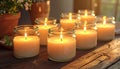 A collection of ritual candles glowing warmly in glass jars, placed on a rustic wooden surface Royalty Free Stock Photo